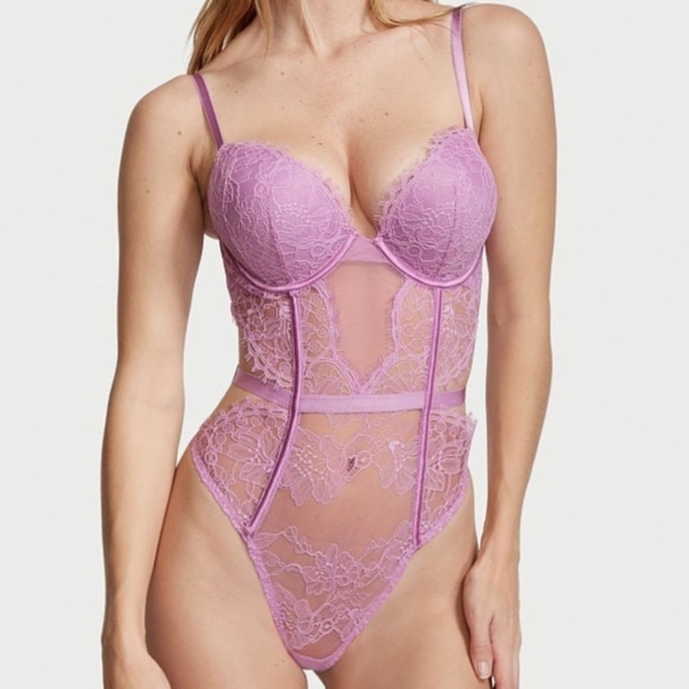 Victorias Secret Lilac Purple Bustier Push Up Lace Teddy | Size LARGE